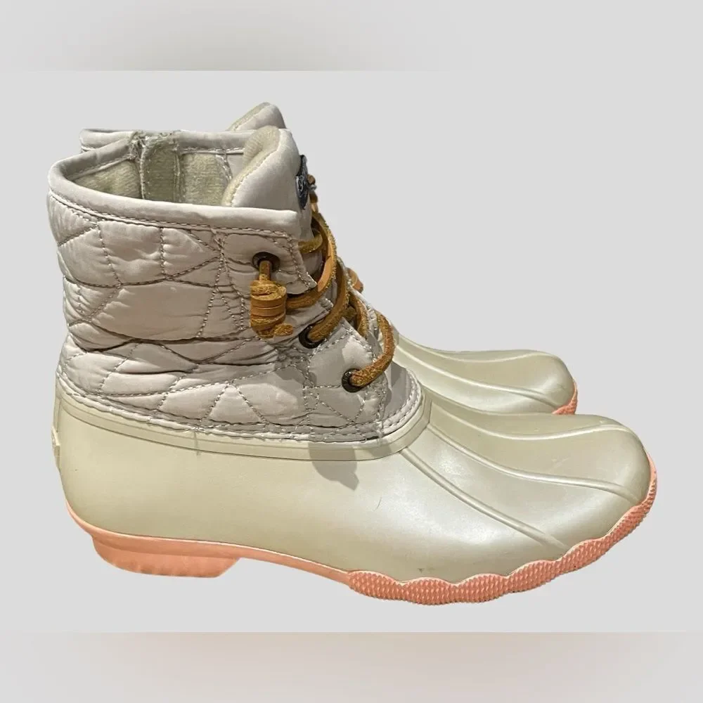 Sperry Saltwater Duck Boots Girls 4 Cream Peach Quilted Rain Snow Boots